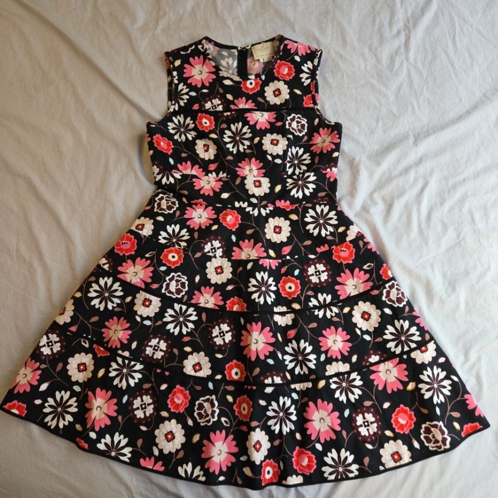 Kate Spade Casa Flora Poplin Dress sz 12 black & pink floral EUC